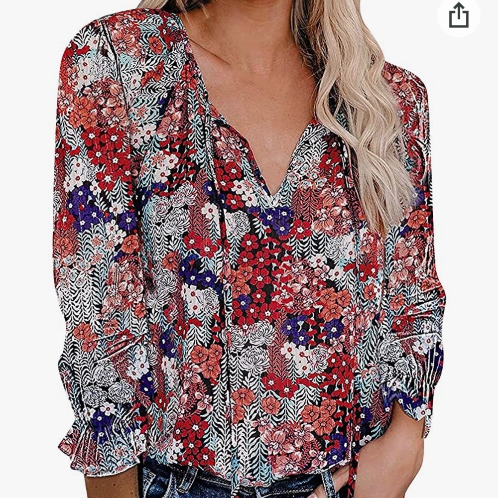 Floral Print Blouse - Red and Purple